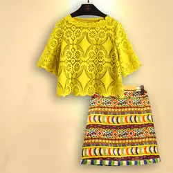 Новые модные летние Для женщин Комплект из 2 предметов цветы вязаный крючком укороченные кружевная блузка Топы и мини-юбка повседневная