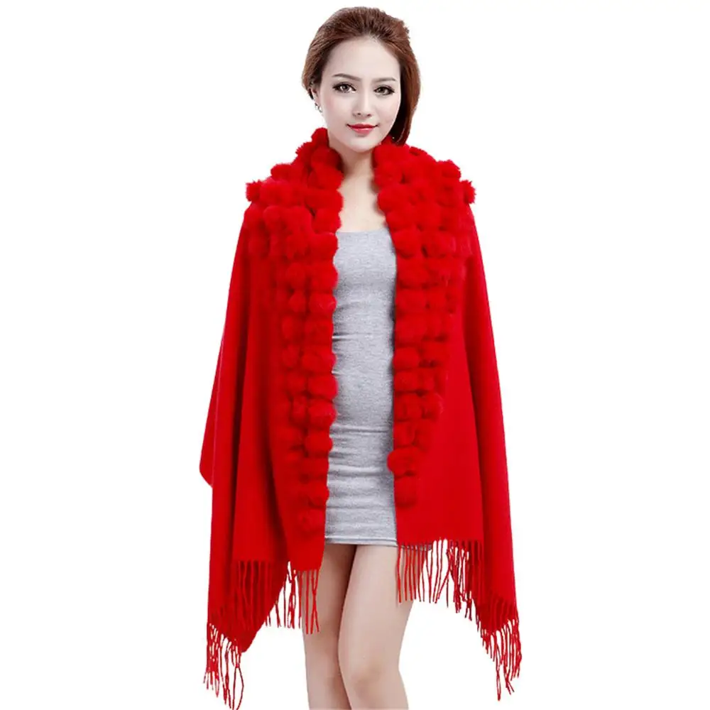 Настоящий кашемировый шарф-шаль, женская модная накидка с кисточками из натурального кроличьего меха, помпоны, большой теплый серый цвет - Цвет: Red