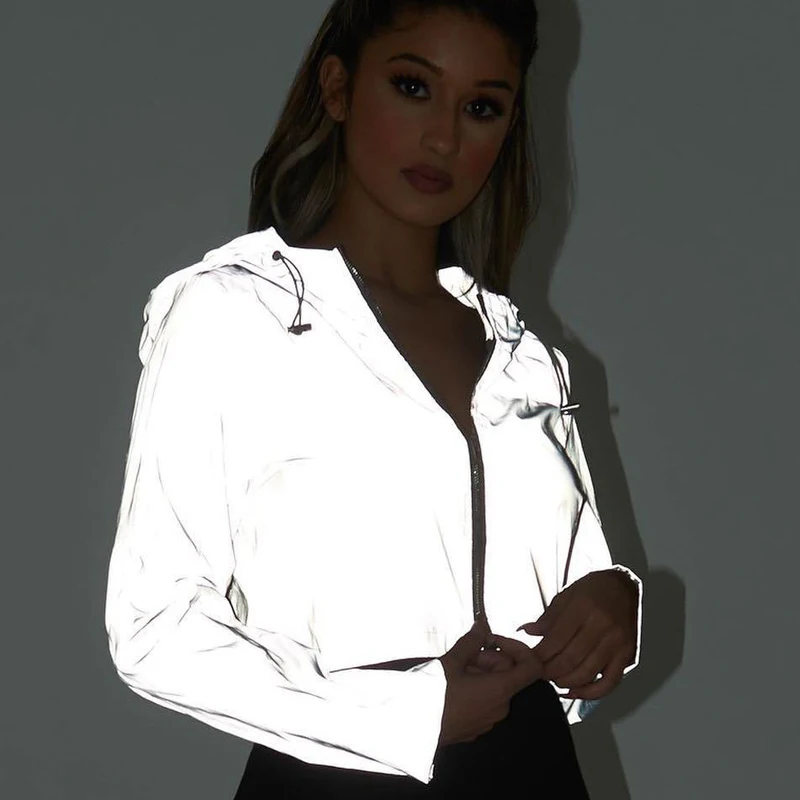 

2019 Women Reflective Crop Top Hoodie front Zipper Short Sweatshirt Crop Night Glowing Oversized Sweatshirt Hoodie Streetwear