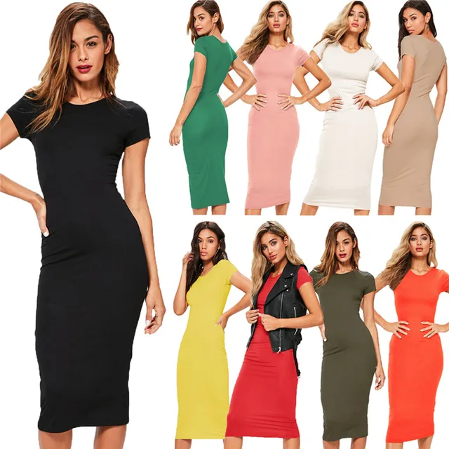 US $7.99 Cotton Long Spring Party Dress Fashion Solid O-Neck Short Sleeve Office Lady Summer Dress Plus Size