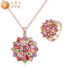 FYM Brand Big Flower Jewelry Set Rose Gold-color Multicolor AAA Cubic Zircon Necklace Earring Sets for Women Wedding Party gift blucome brand design rose gold color square cubic zircon ceramic earrings ring set chinese porcelain women wedding jewelry sets