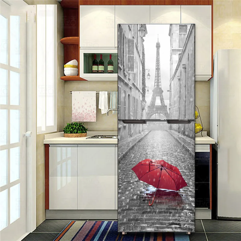 

PVC 3D Rainy Street Fridge Stickers Removable Wall Door Stickers Self Adhesive Decals Murals Home Kitchen DIY Decoration