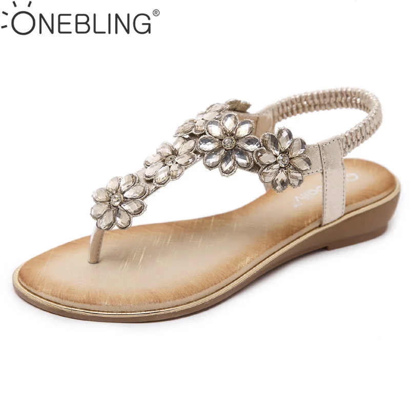 

One Bling Women Casual Flats Fashion Bohemian Ethnic Boho Sandals Floral Flip Flops Elastic Band Rhinestone Crystal Sandals