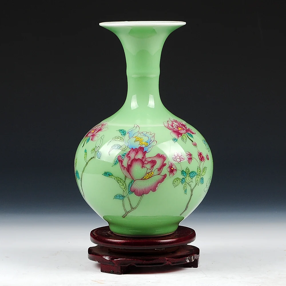 

Antique Jingdezhen Celadon Peony Vase Furnishing Articles Green Glaze Peony Flower Study Decorative Ceramic Arts and Crafts