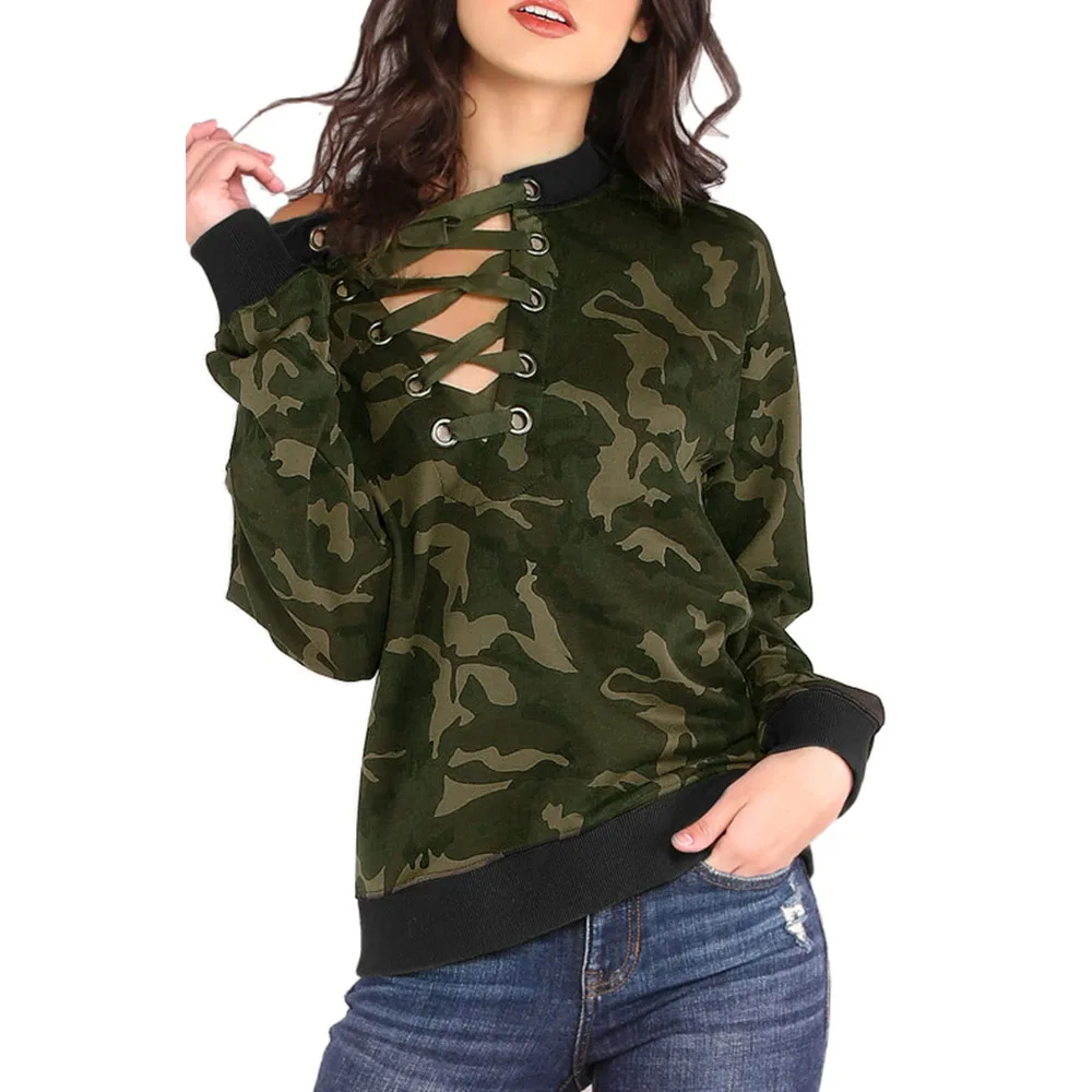 

Womens Tops and Blouses Feminine Autumn 2018 Streetwear Camouflage Lace Up Long Sleeve Blouse Ladies Top Tunic Woman Clothes
