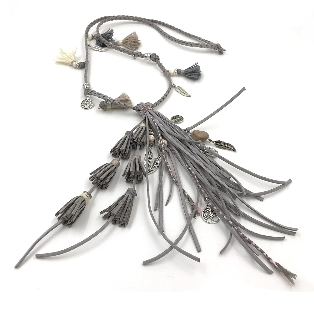 2017 New Fahion Bohemia Maxi jewelry leather tassel Pendents unique boho long Necklaces leather woven chain necklace for women