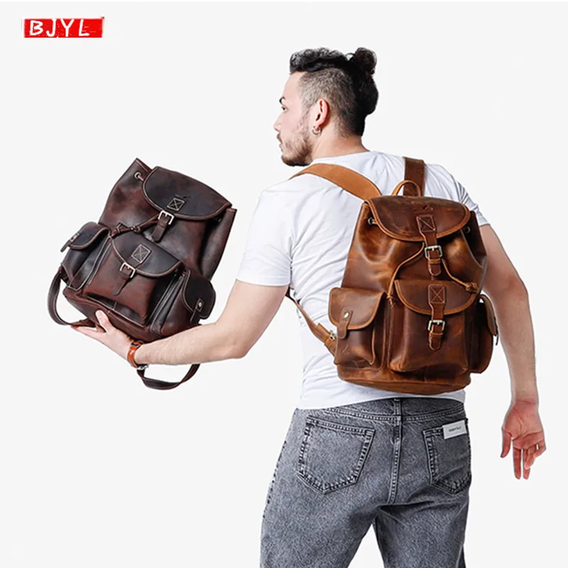 

Luxury brand genuine leather Men's Backpack business portable retro handmade laptop shoulder bag travel multi-function backpacks