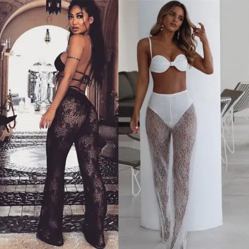 

Women Beach Mesh Sheer Bikini Cover Ups Transparent Sexy Night Long Pant Suits