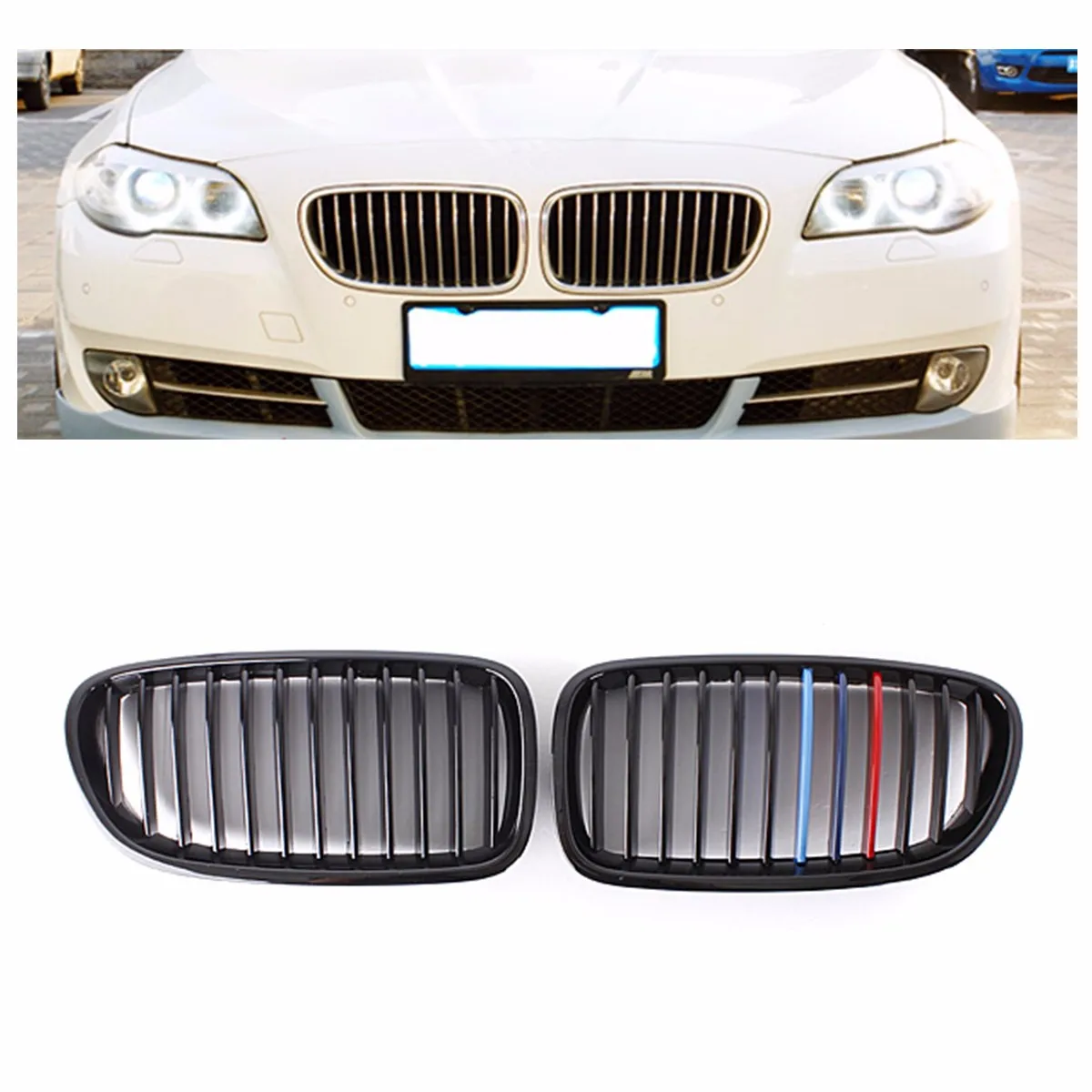 

for BMW F10 F11 F18 M5 5 Series 2010 2011 2012 2013 Pair M Color Gloss Black Front Bumper Hood Grill Grille Brand New