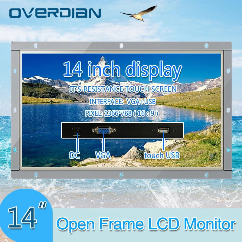 

14"Industrial Control Lcd Monitor VGA/USB Interface White Open Frame Resistance Touch Screen Metal Shell 1366*768