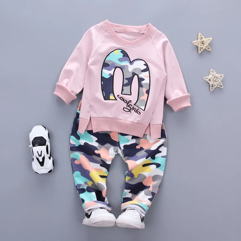 Baby Boy Autumn Clothes Girl Letter M Warm Cotton Clothing Set For Kid Camouflage Jackets Pant 2pcs Fashion Children Sports Suit - Цвет: AX Mzi pink