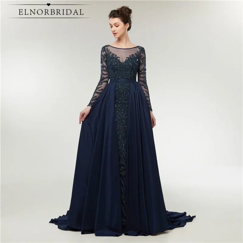 

Vintage Navy Long Sleeves Evening Dresses 2018 Detachable Skirt Formal Women Occasion Dress Sheer Illusion Robe De Mariee