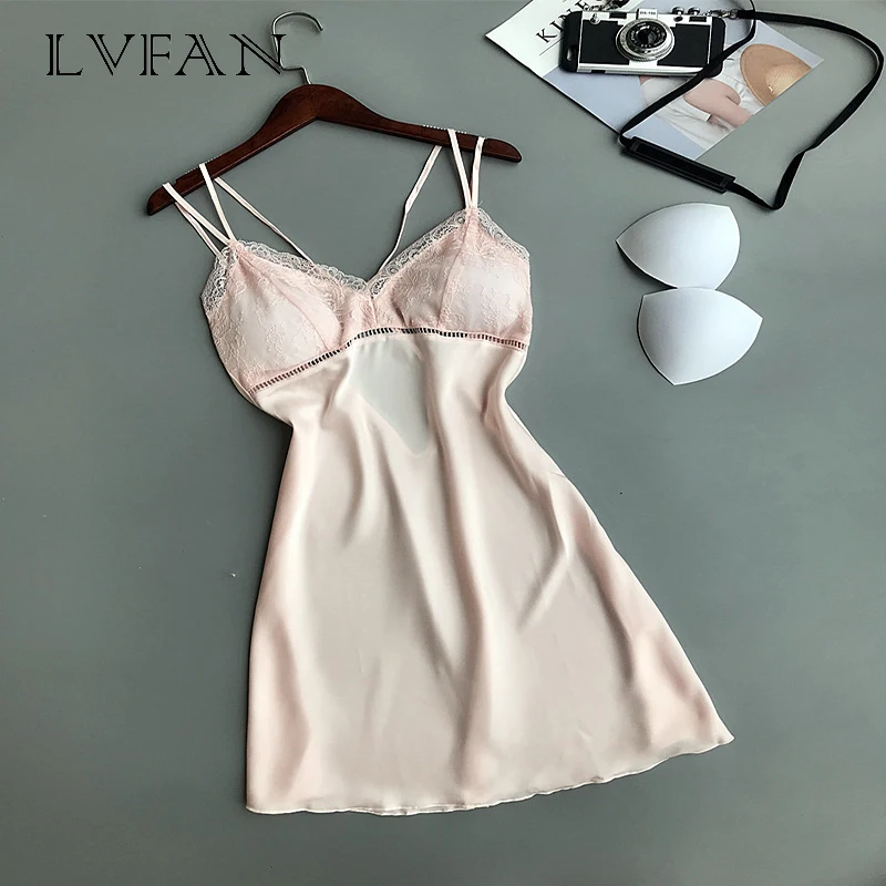 

women sleepwear ice silk condole belt nightdress thin section with chest pad lace side sexy temptation LVFAN ARM-020