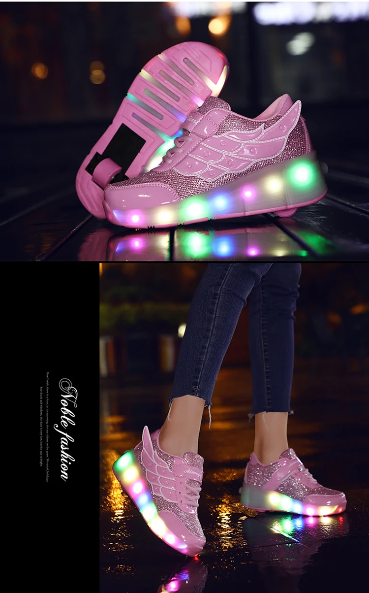 Дети один два колеса светящиеся кроссовки Золотой Розовый Светодиодный светильник роликовые коньки обувь дети Led обувь для мальчиков и девочек usb зарядка