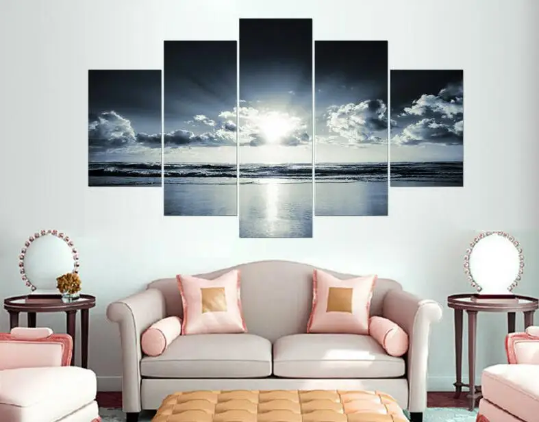 Big size modern home decor painting white black ocean sunrise print seaascape Wall Art picture