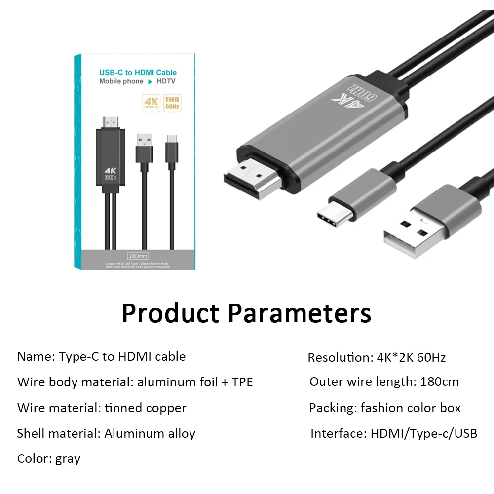 Тип с разъемами типа C и кабель HDMI, HD с Мощность Интерфейс настоящий 4 K 60Гц конвертер мультимедийного интерфейса высокой четкости 1,8 м серый мини usb кабель