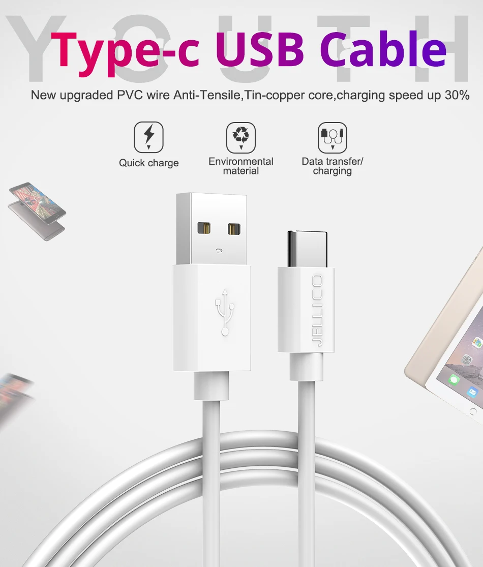 Jellico usb type-C кабель для USB-C мобильного телефона type-c кабель для передачи данных Быстрая зарядка USB кабель для зарядного устройства для samsung Galaxy S9 S8 Plus