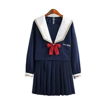Белоснежная школьная форма для японской средней школы, комплект с вышивкой, милая японская блузка с длинными рукавами и воротником Юнга и плиссированная юбка с бантом, цвет темно-синий