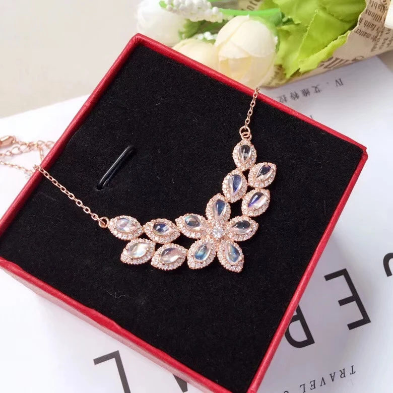 Collier pendentif en pierre de lune bleu clair naturel S925 argent collier de pierres précieuses na