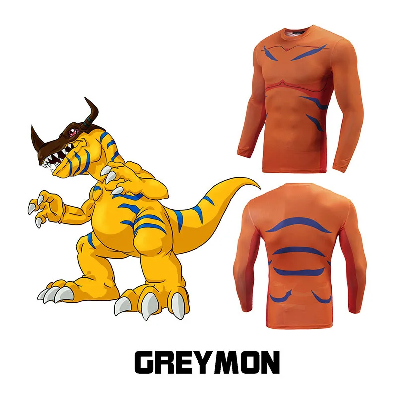 

Japanese Anime Men Top Tees Fitness Long Sleeve 3D Print Cartoon Digimon T shirt Greymon Compression Sports Muscle Casual Tops
