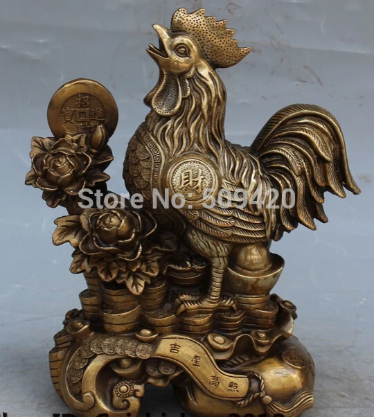 

14" Chinese Bronze Feng Shui Zodiac Year Chicken Rooster Money Wealth Statue