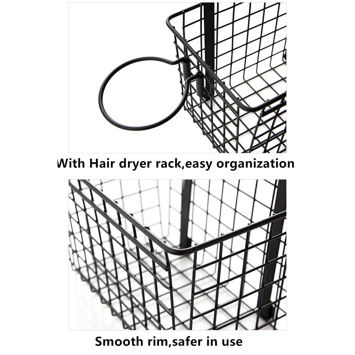 Черная проволочная корзина для хранения на дверце шкафа с держателем для фена, корзина для хранения игрушек, лосьона, шампуня, туалетных принадлежностей, кухонных полотенец