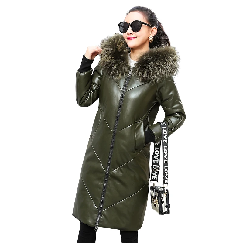 Зимнее модное Брендовое пальто из 90% утиного пуха с капюшоном и большим воротником из натурального меха, женские длинные пуховики из натуральной кожи, большие размеры, wq767 - Цвет: green