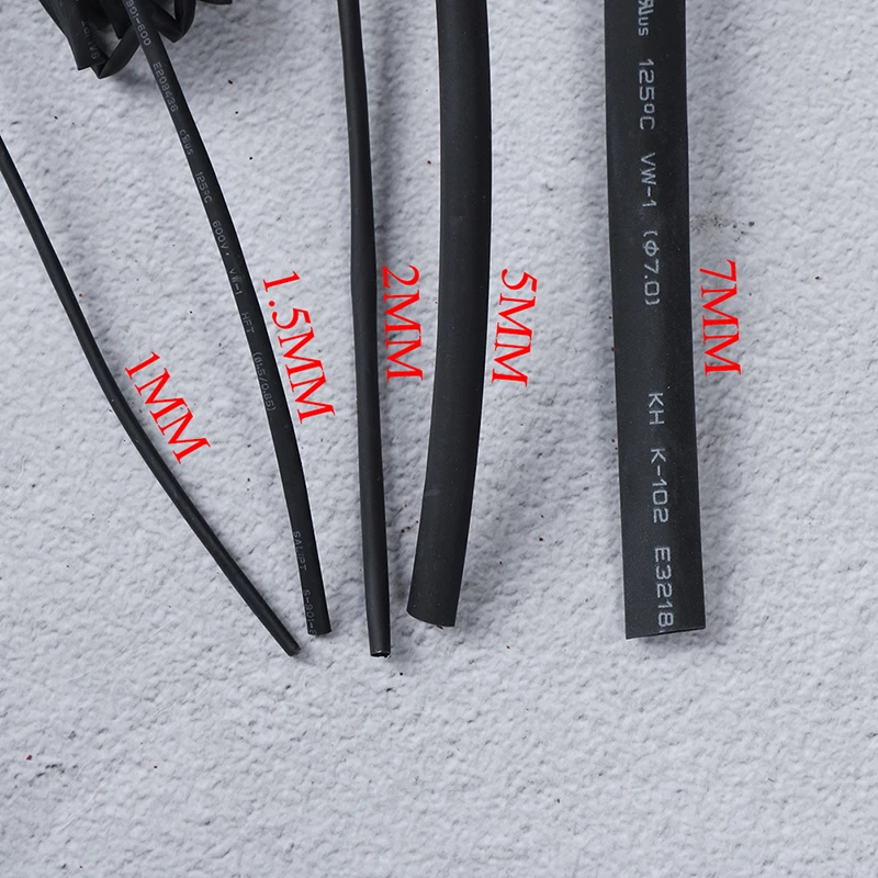 1mm/1.5mm/2mm/5mm/7mm Black Shrinkable Tube Wire Wrap 5m Length Heat Shrink Tubing Diameter