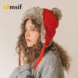Новинка 2018 года зимние для женщин сплошной цвет вязаный бомбер шапки Теплые плотная вязаная шапочка шляпа с помпоном обувь для девочек