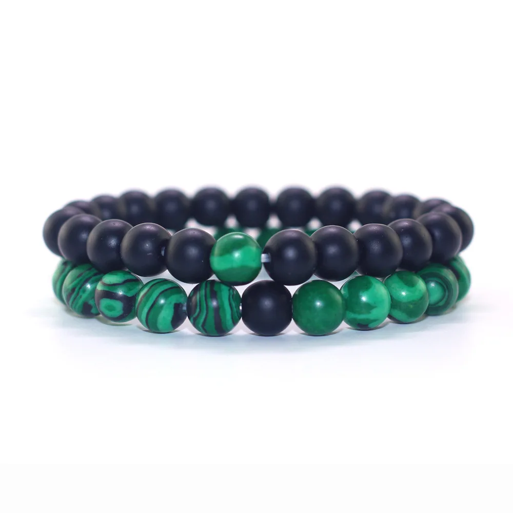 

Hot Sale Men And Women Couple Beaded Bracelets Set Vintage Frosted Black Green Stone Bracelets Factory Direct