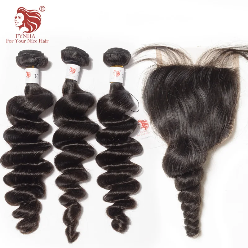[FYNHA] Indian Virgin Hair Weave Loose Wave 3 Bundles With Lace Closure Human Hair Extensions