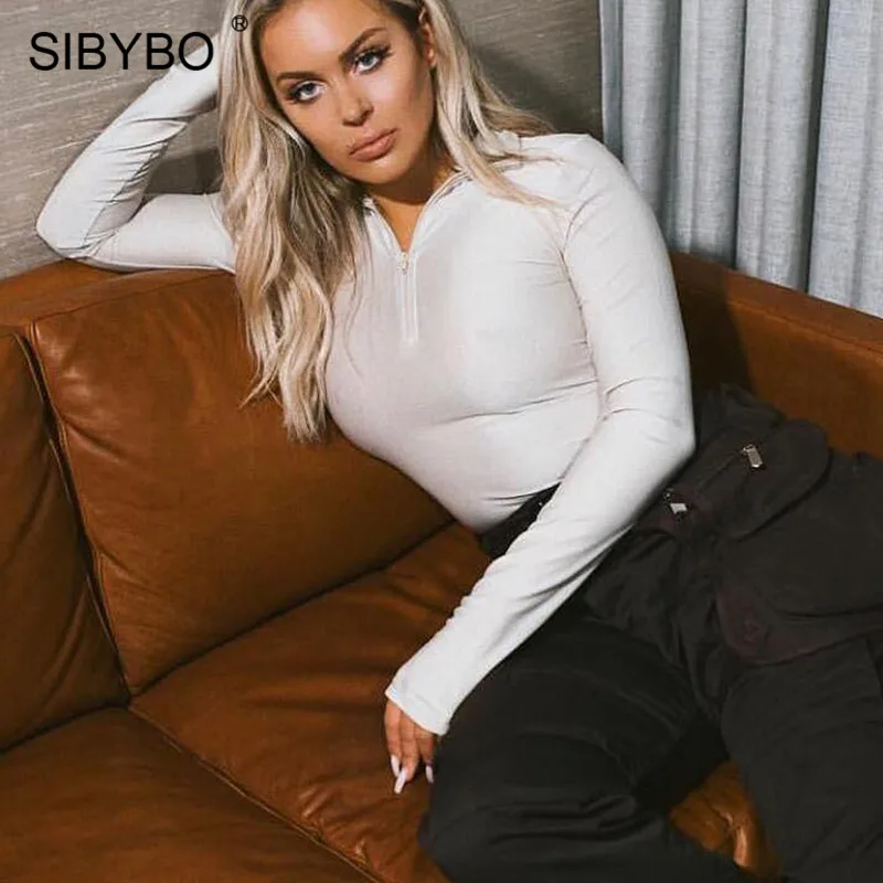 Женский хлопковый боди Sibybo с высоким воротом и длинным рукавом на молнии| |