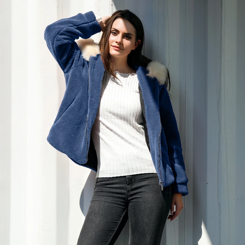 

2019 Elegant Casual Lambwool Fake Fur Overcoat Outerwear Coat Winter Women Zipper Faux Fur Coat With Fur Trim Hood Jacket Female