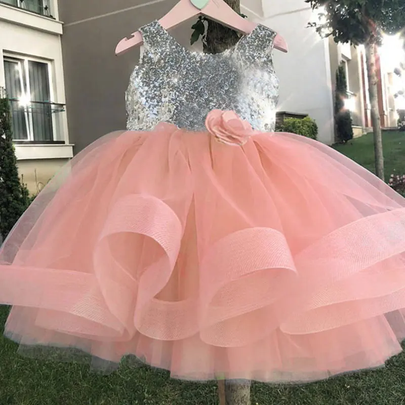 Bear leader/платья для девочек; детское платье с цветочным рисунком; платье для свадьбы, дня рождения; шикарное платье принцессы с пайетками - Цвет: AZ1945 Pink