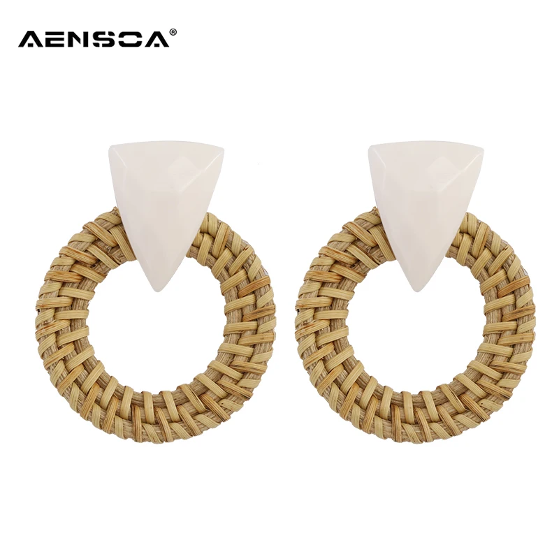 

AENSOA New Inverted Triangle Rattan Wooden Drop Earrings Handmade Statement 2019 Women Resin Dangle Earrings Jewelry Wholesale