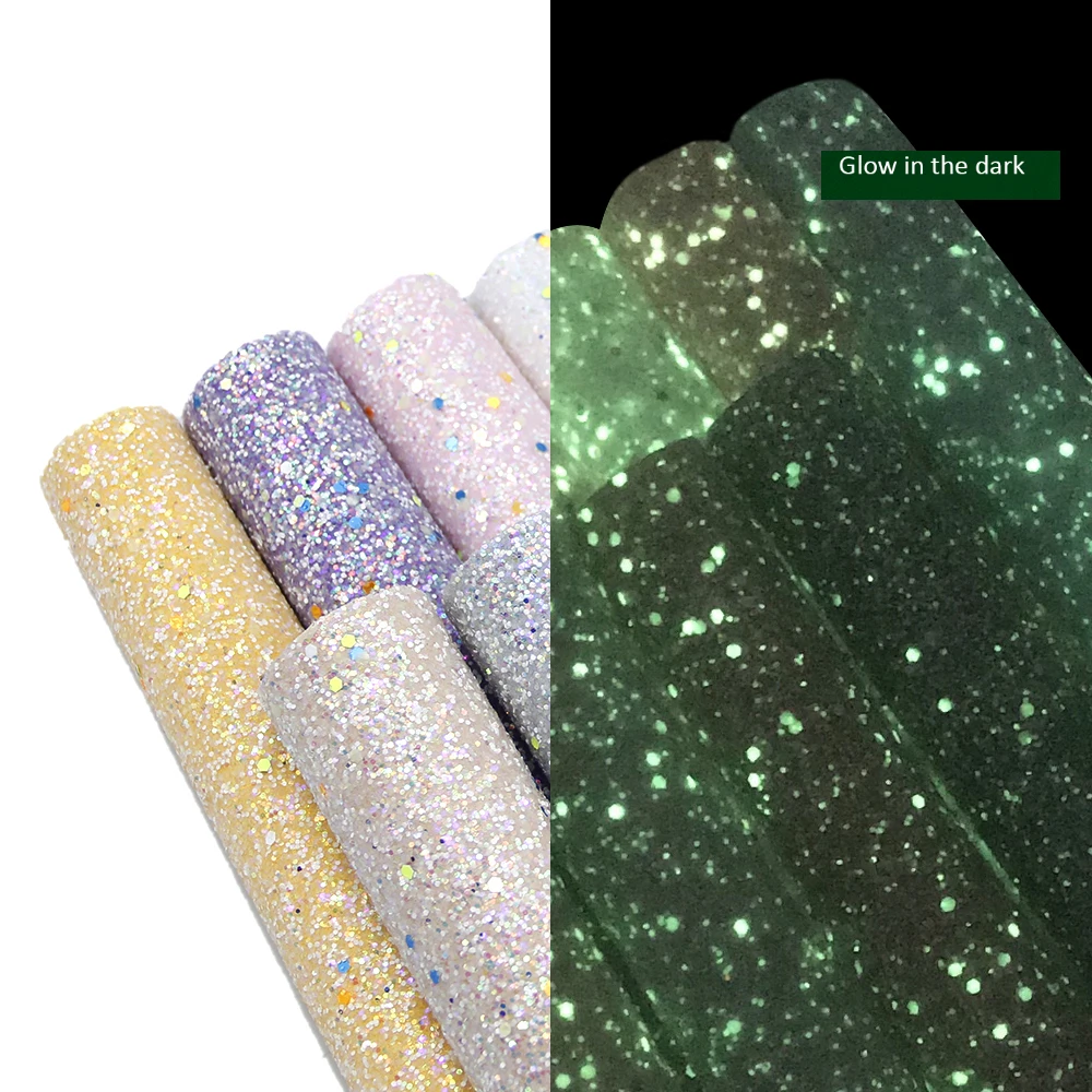 

New 20*34cm Glow in the Dark Chunky Glitter Fabric Synthetic Leather Sequins Patchwork Bag Shoes Handmade Phone Case DIY,1Yc7055