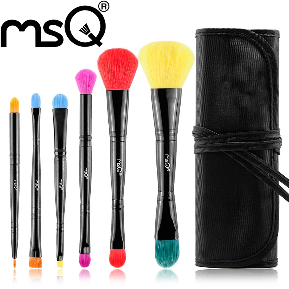MSQ 6pcs Pro Makeup Brush Set Double Ended Foundation Powder Lip Make Up Brush Kit Soft Synthetic Hair With Canvas Case блеск для губ msq 6 cristal led msq cc01 6