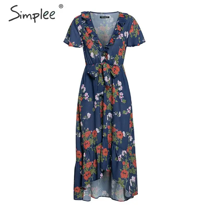 Летнее женское длинное платье Simplee, с короткими рукавами, асимметричное элегантное праздничное платье большого размера с V-образным вырезом, цветочным принтом - Цвет: Тёмно-синий