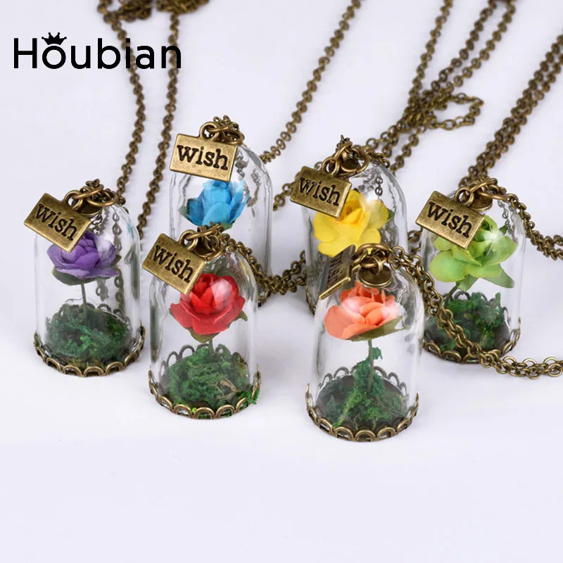 

Houbian 10 Pcs/lot Wholesale Glass Dried Flower Wishing Bottle Necklace Red Rose Gift Handmade Beauty beast Party Jewelry