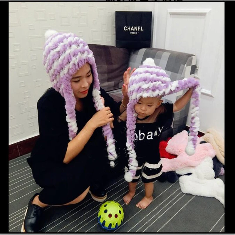

2016 New Children Rabbit Fur knitted Ear Warm Hat  Parent-child Hats Winter Knitted Striped knitted Hat Baby Boy Girls Warm Cap
