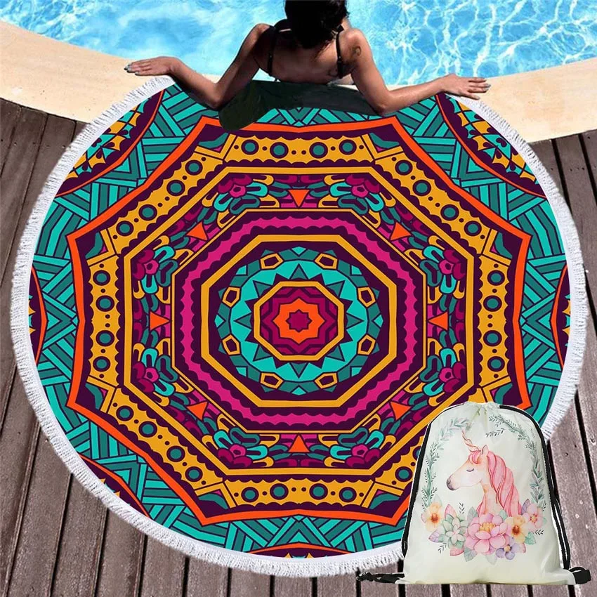 

Mandala Summer Round Beach Towels Geometric Bath Shower Towel Circle with Drawstring Storage Bag Yoga Mat Carpet Toalla Playa