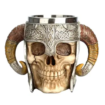 

Halloween Skull Knight Horns Water Cup Resin Decorative Cups Double Horns 3D Stainless Steel Drinking Cups
