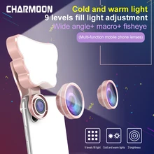 CHARMOON 3 в 1 светодиодный Selfie кольцевой светильник beauty Live с широкоугольным макрообъективом Рыбий глаз объектив для телефона камера для iPhone