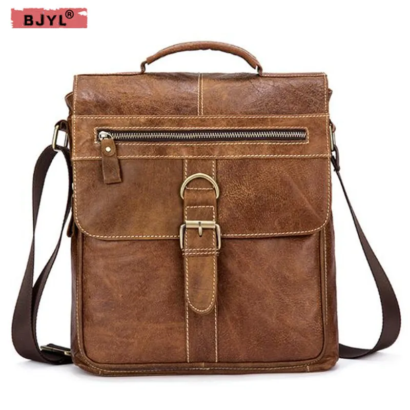 

BJYL Genuine Leather retro men's shoulder bag head layer cowhide flip messenger bag vertical men's handbags Male crossbody Bags