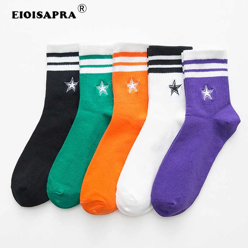 

Personality Harajuku Korean Style Women Casual Colorful Embroidery Stars Striped Funny Sock Combed Cotton Autumn Winter Socks