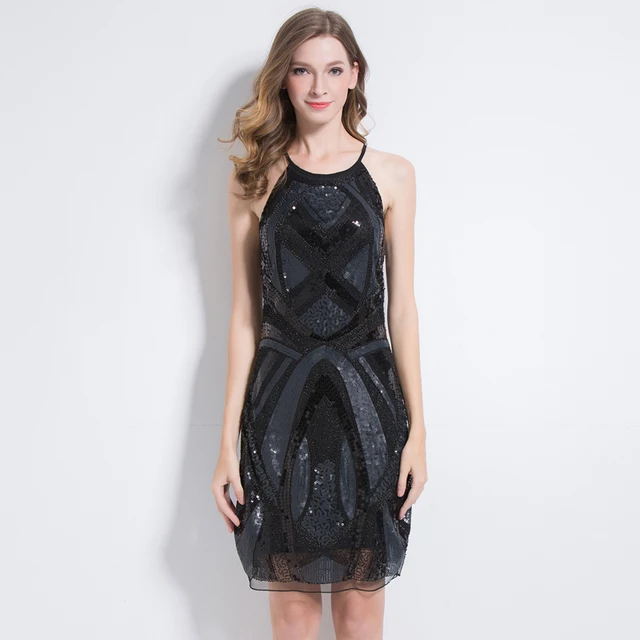 Vintage Little Black Dress Sexy Halter Cold Shoulder Back Cut Out Geometric Embellished Sequin Bead 1920s Vintage Little Black Dress Sexy Halter Cold Shoulder Back Cut Out Geometric Embellished Sequin Bead 1920s