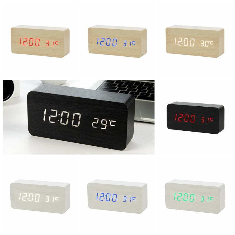 JULY'S SONG LED Wooden Alarm Clock Voice Control Digital Wood Despertador Electronic Desktop USB/AAA Powered Clocks Table Decor