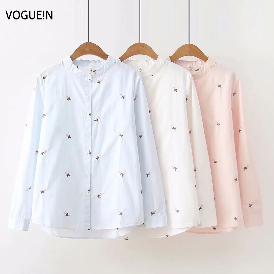  VOGUEIN New Womens Girls Little Floral Embroidery Long Sleeve Blouse Shirt Tops Wholesale