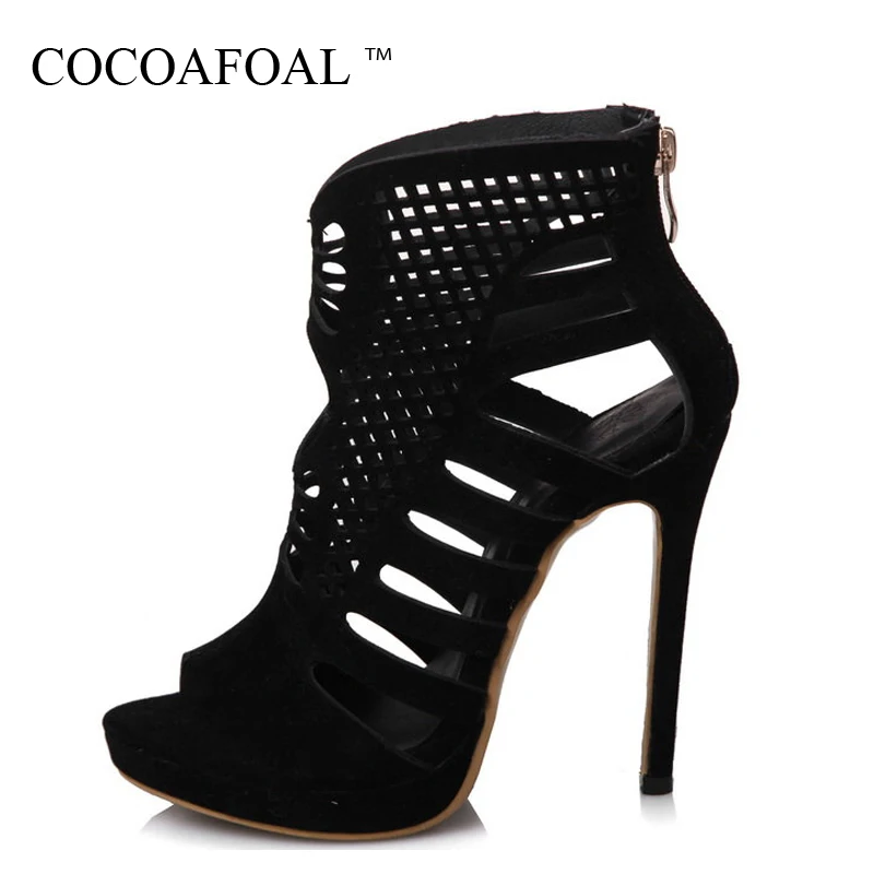 

COCOAFOAL Women Heel Height Sandals Fashion Hollow Out Black Red Peep Toe Heels Shoes plus size 32 33 43 Sexy Open Toe Sandals