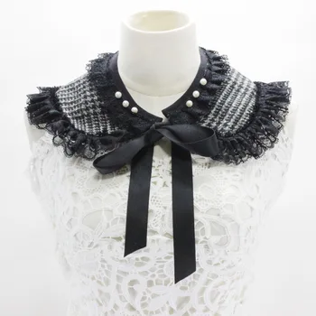 

White Women's detachable shawl fake collar Retro court exaggerated chiffon shirt Plaid woolen lace side doll collar sweater